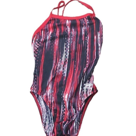 Speedo Endurance Red & Black Striped One Piece Swimsuit - Picture 1 of 4